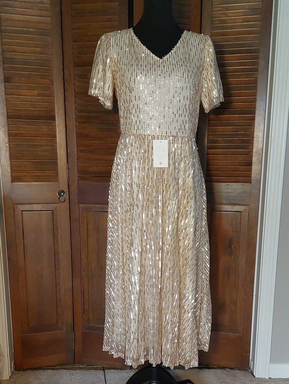 NWT Ivy City Co Champagne Gold Sequin V-Neck Pleated Midi Dress Sz M